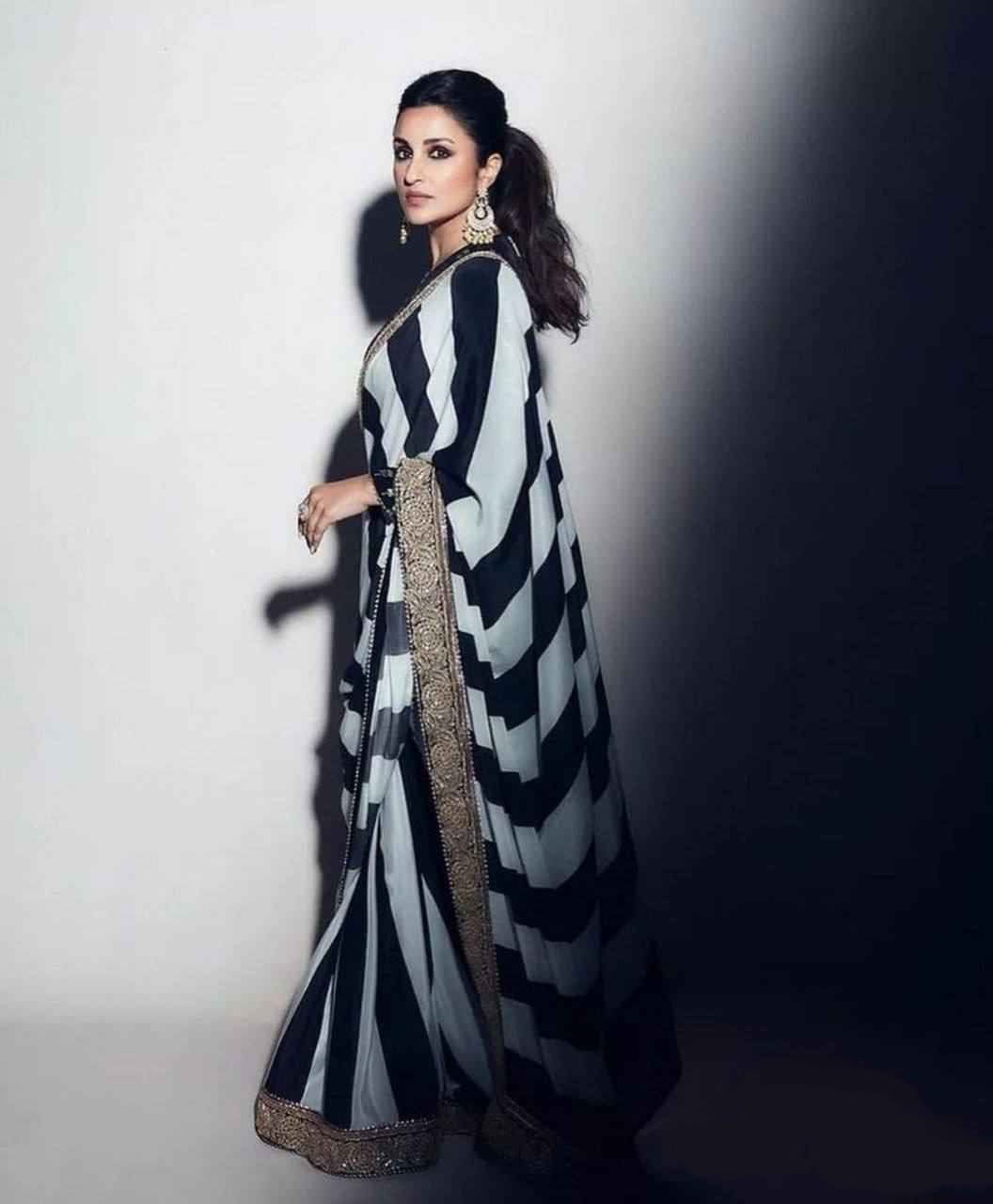 Designer Black & White Striped Georgette Saree with Embroidery – Celebrity Style Party Wear