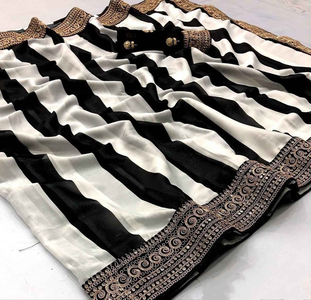 Designer Black & White Striped Georgette Saree with Embroidery – Celebrity Style Party Wear