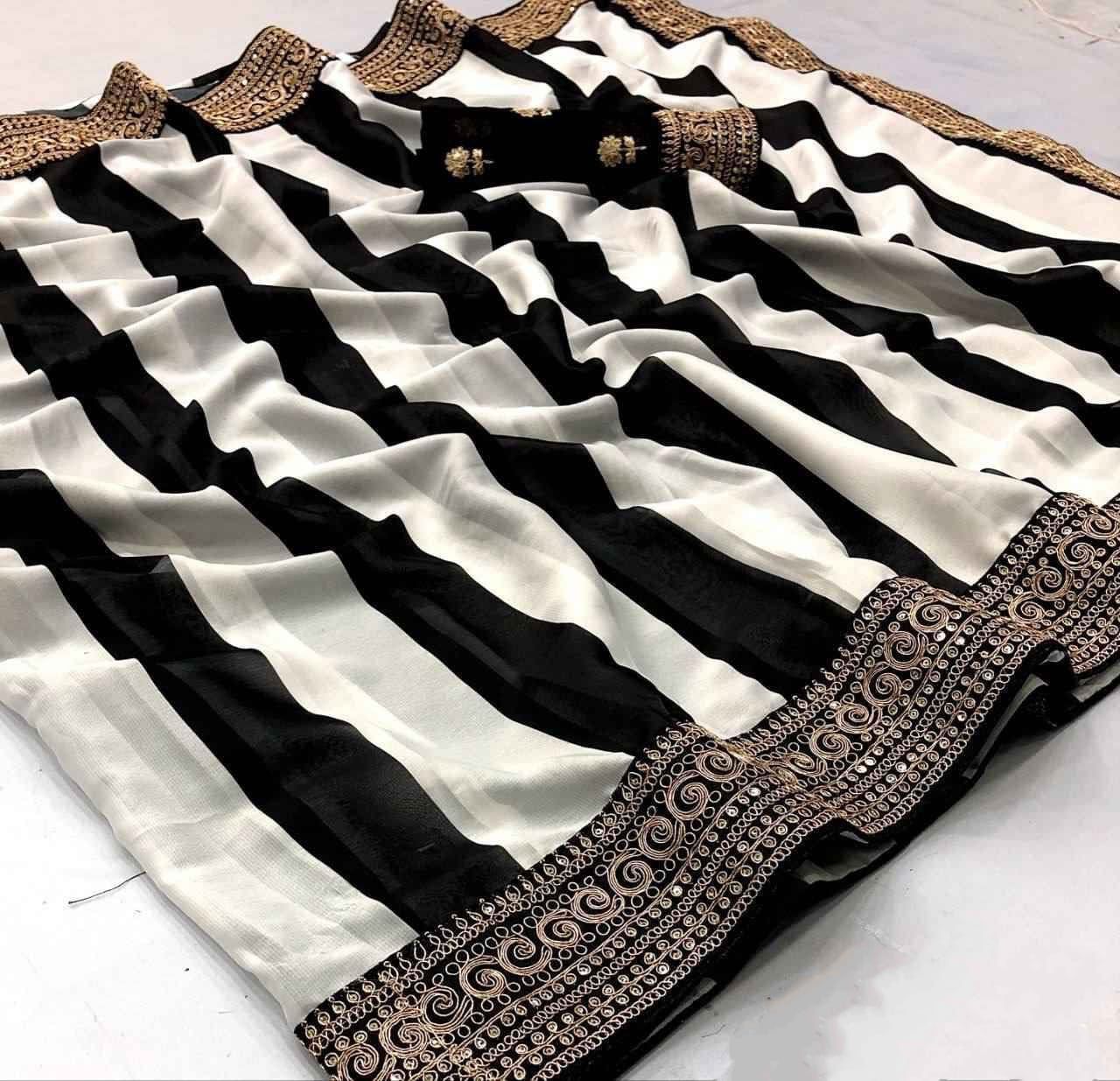 Designer Black & White Striped Georgette Saree with Embroidery – Celebrity Style Party Wear