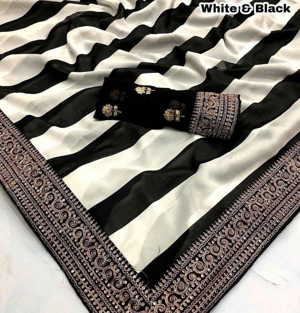 Designer Black & White Striped Georgette Saree with Embroidery – Celebrity Style Party Wear