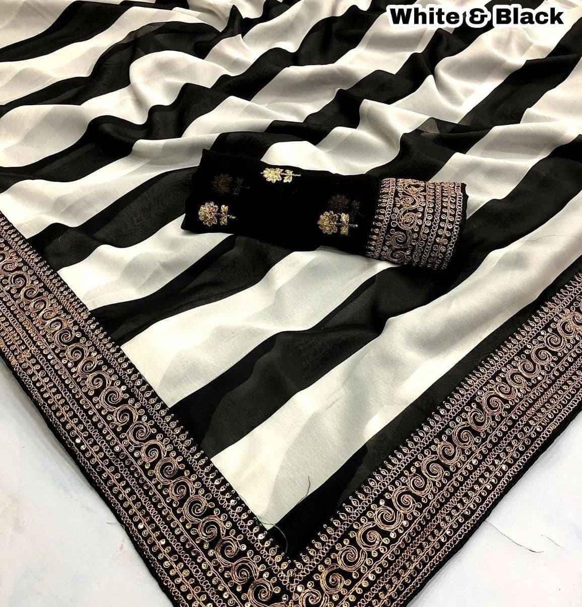 Designer Black & White Striped Georgette Saree with Embroidery – Celebrity Style Party Wear