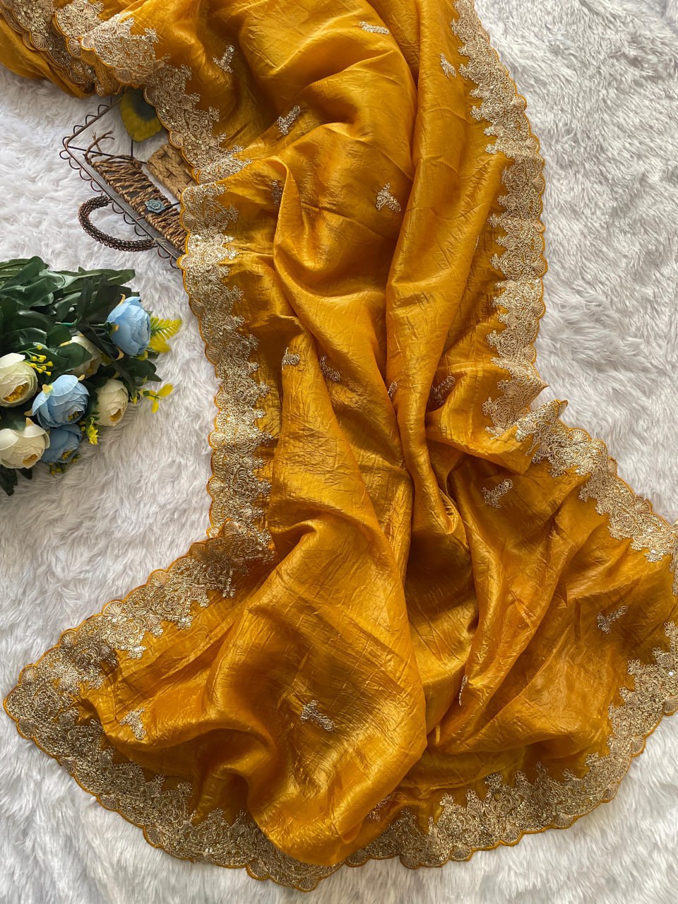 Premium Soft Gold Crush Silk Saree