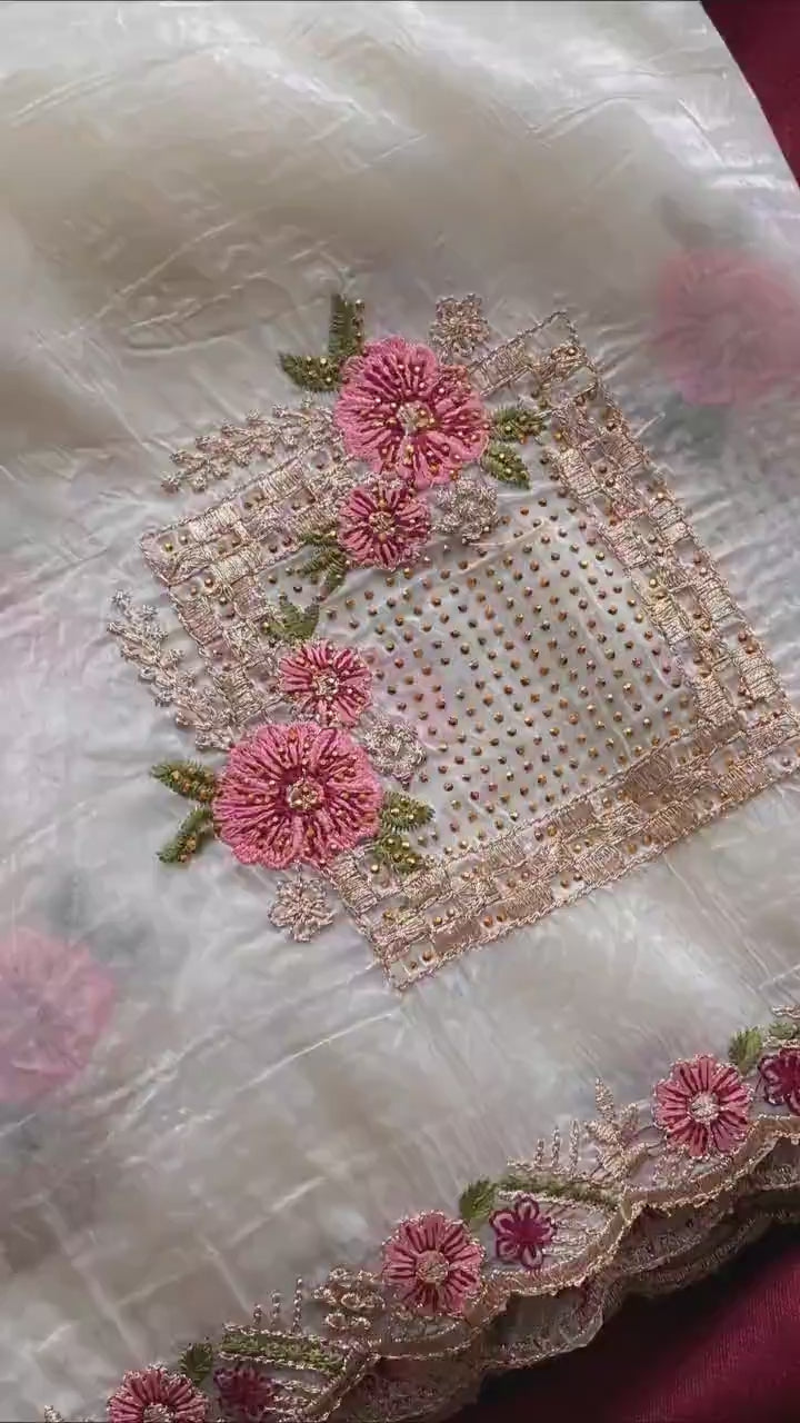 Premium Paper Silk With floral embroidery buttas and  Swarovski works