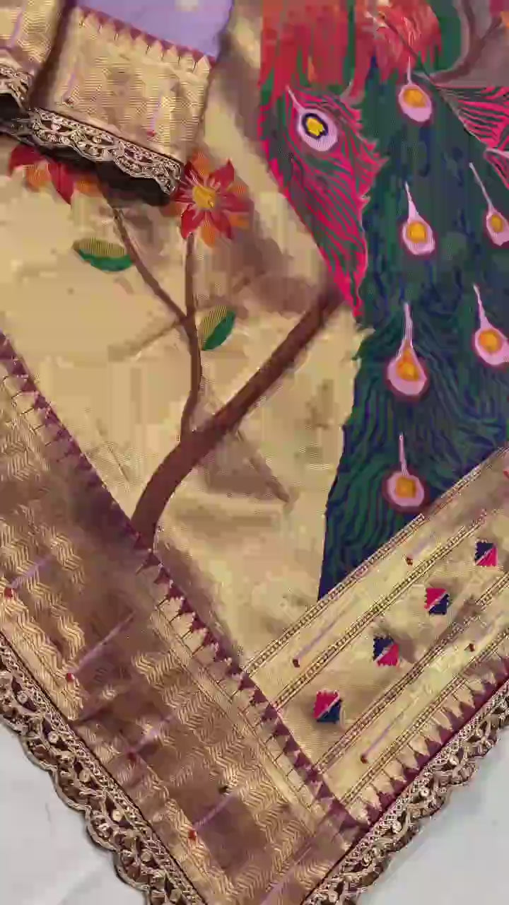 Pure Paithani silk saree with all-over meenakari weaving, vibrant contrast peacock pallu