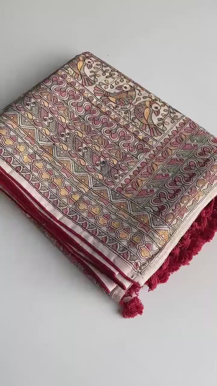 Premium Tussar Silk Saree With Traditional Madhubani Embroidered Pallu