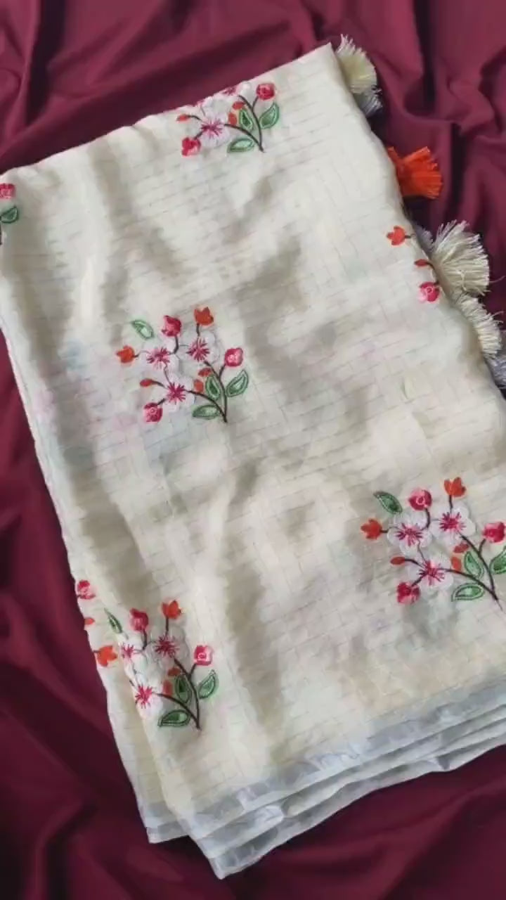 Premium Glass German Chiffon Chex Sarees with intricate thread embroidery.
