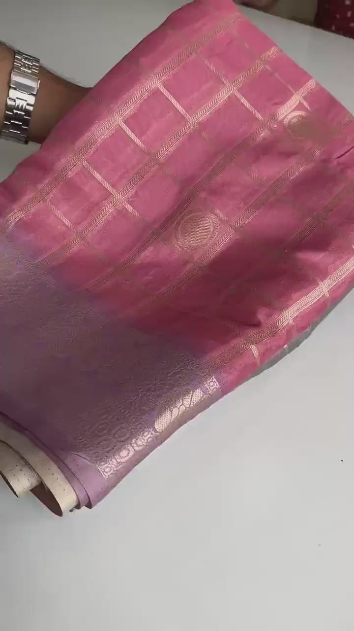 Georgette Weaving Saree with all-over digital prints, silver zari check pattern, rich pallu.