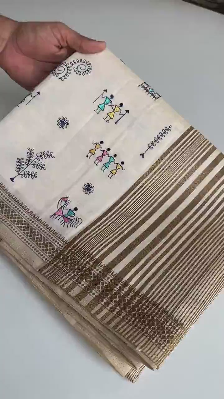 Pure Loom Tussar Saree With  Worli-inspired embroidery motifs.