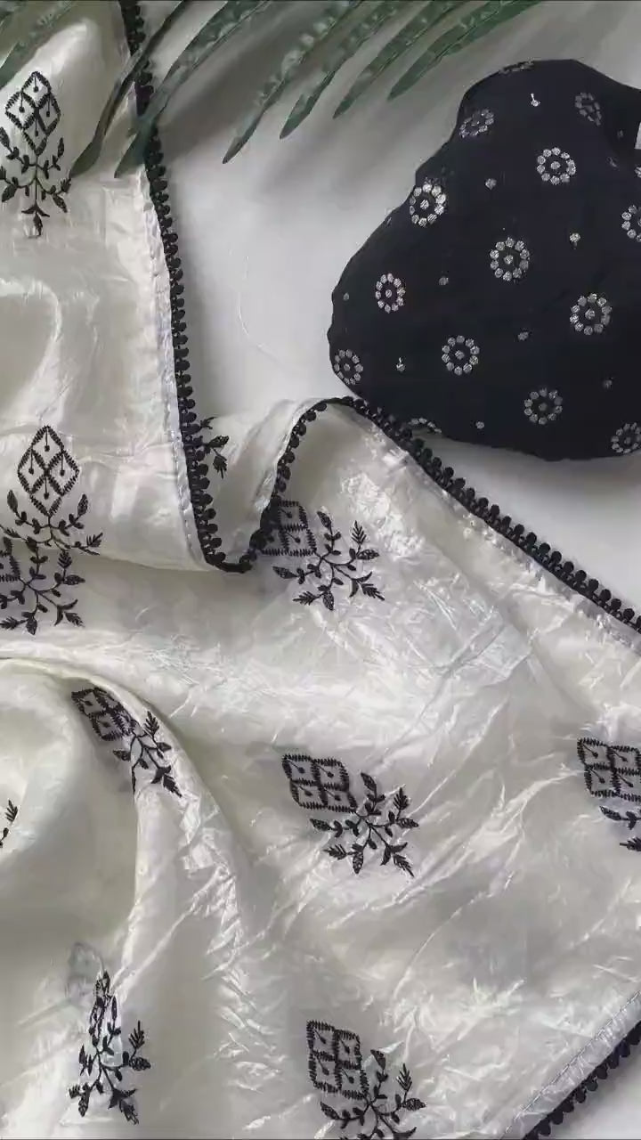 Pure Paper Crush Saree With  beautiful black thread butti embroidery