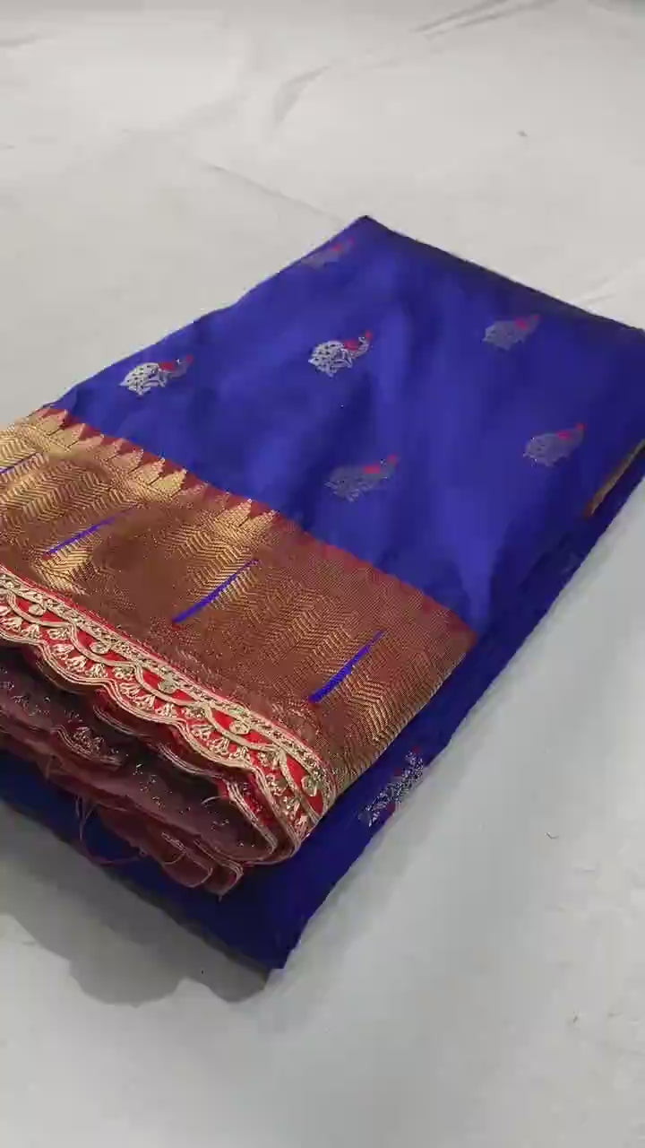 Pure Paithani silk saree with all-over meenakari weaving, vibrant contrast peacock pallu